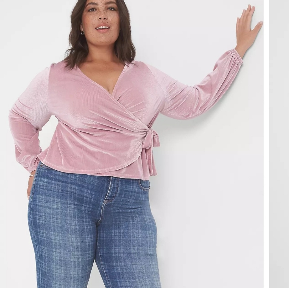 Lane Bryant Plus Blouson-Sleeve Surplice Tie Velour Top 14/16 Pink